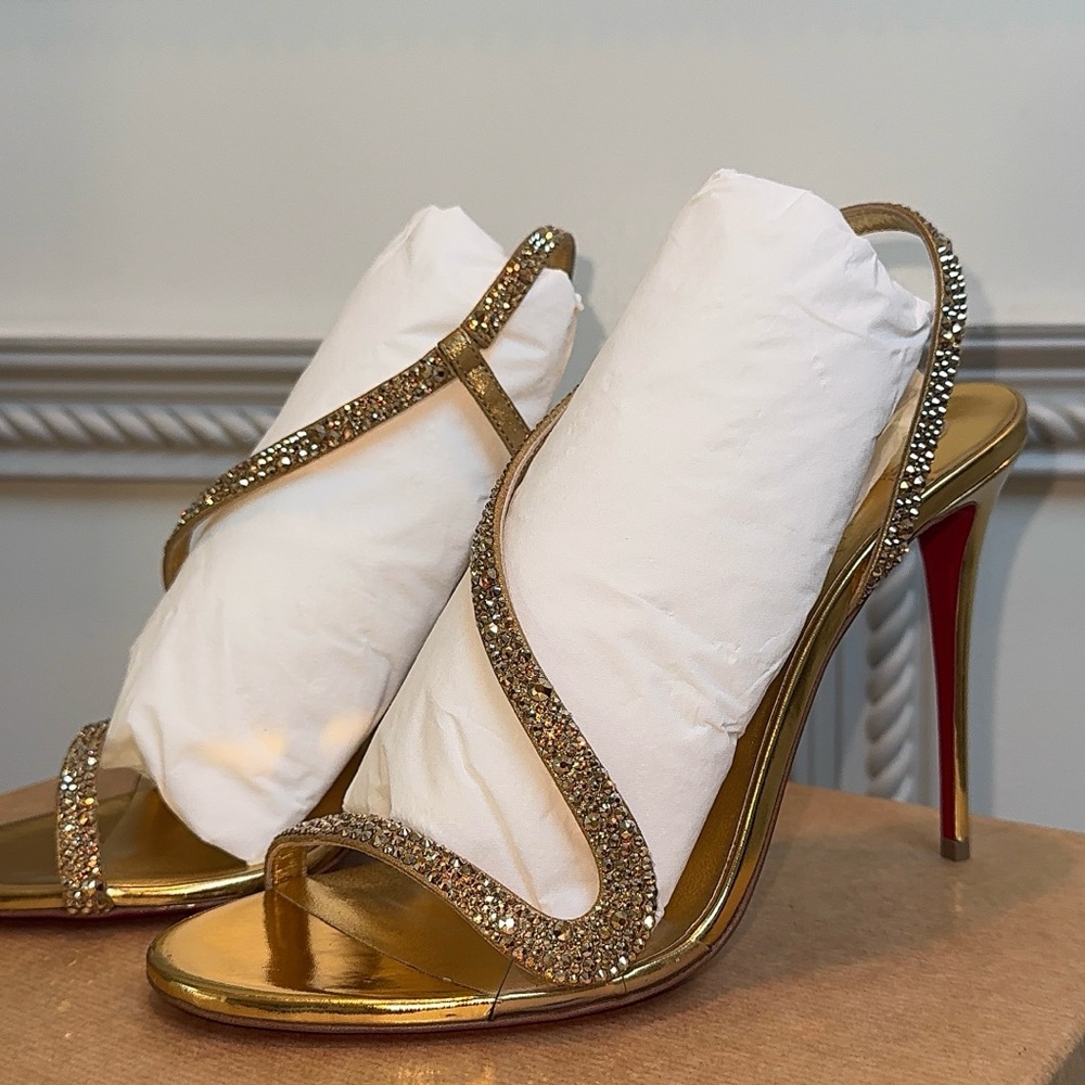 Christian Louboutin Rosalie 100mm Strass Gold Crystal Sandals 40EU - Picture 3 of 11